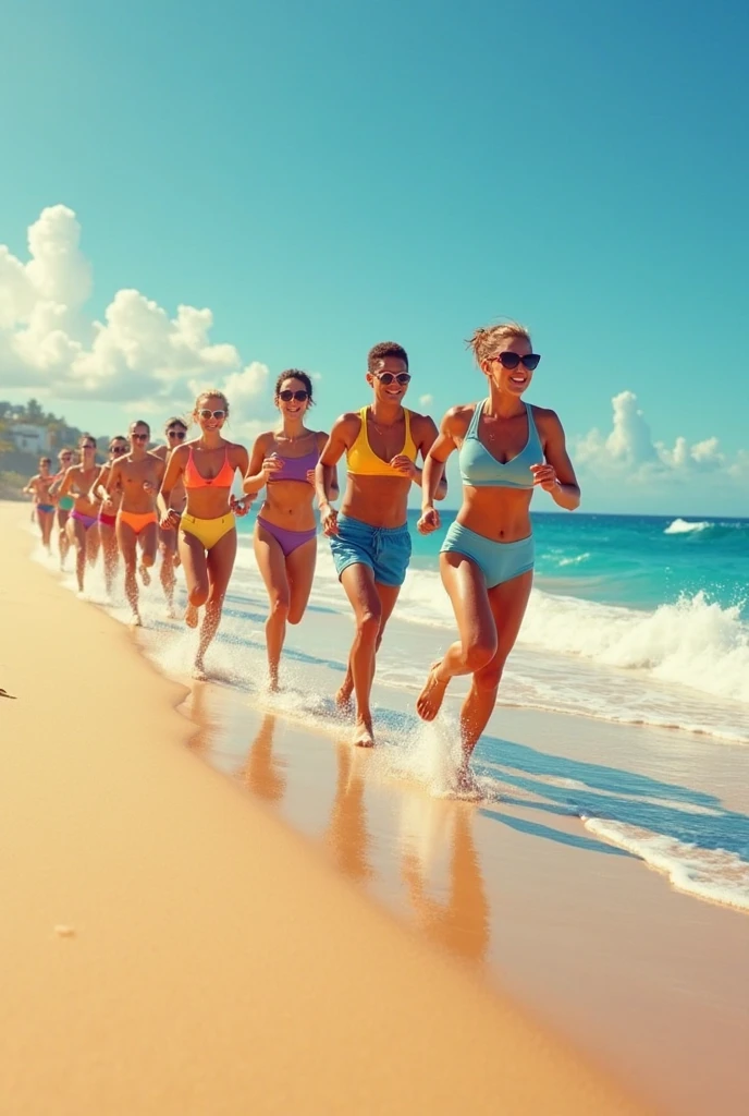 There is a shadow、Photorealistic、Ultra HD、people々is running in the sea wearing a swimsuit
