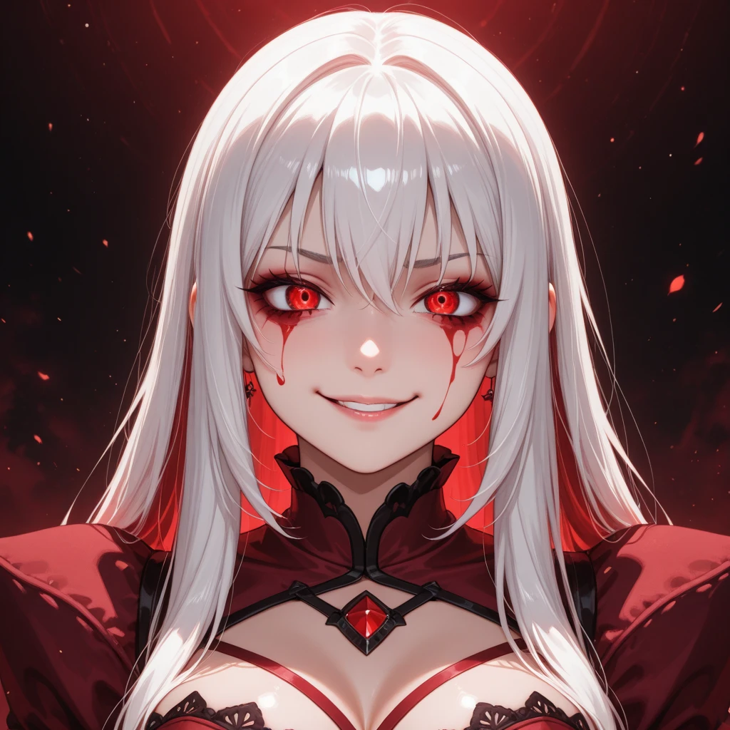1 Girl, Vampire, Medium Breasts, Dark Red Hair, Silver Highlights In Hair, Vampire Hair Style, Long Hair, Red Vampire Eyes, Tanned Skin, Smooth Skin, Soft Features, Nice Lips, Insane Smile, Cute Face, White Vampire Outfit, Royal Vampire, Upper Body Shot,