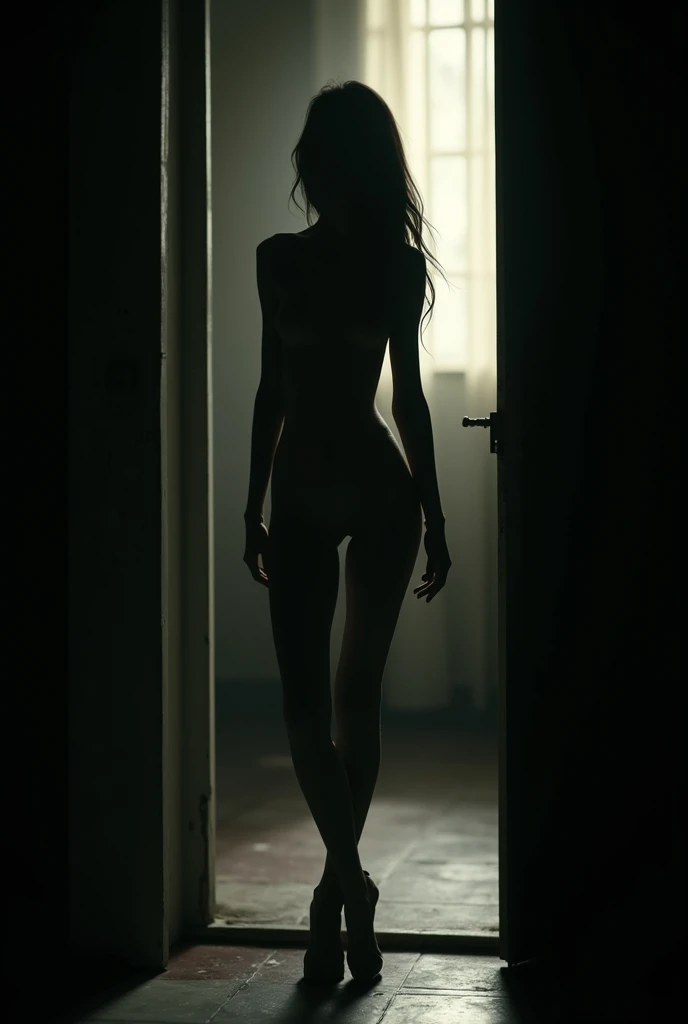 An 18-year-old obese young man with feminine body features, waxed, with long straight hair, is naked and standing in a dark and dilapidated living room.
