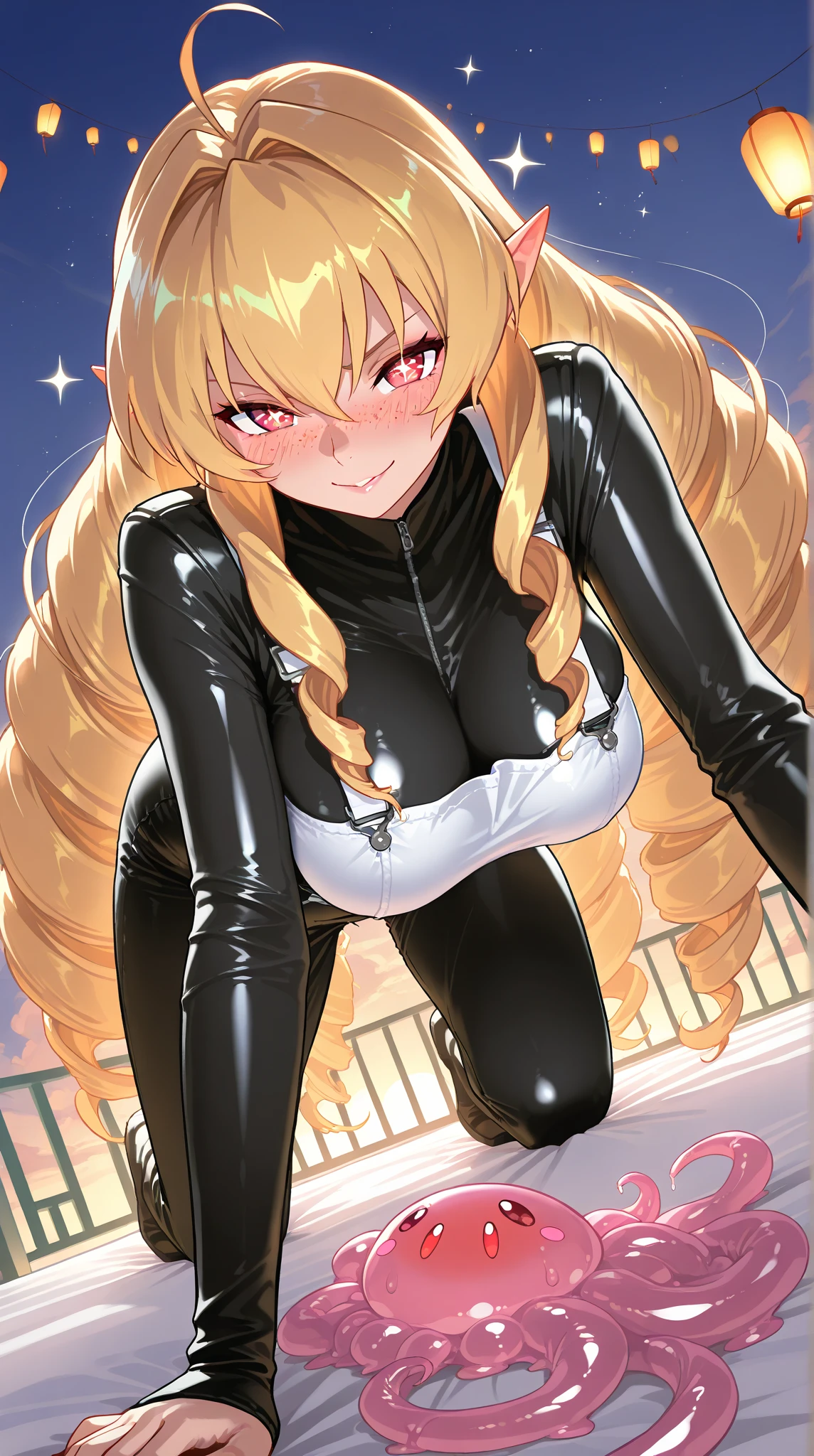 top-quality、supreme1People Girls,hightquality,A detailed face、A detailed eye、Detailed nose、Detailed mouth、 Beautiful expression, ((masuter piece)), ((High resolution)), ((Best Quality)), detail, (cum faced、Excited face.Very happy,), ((Skin shiny with sweat))、(Black High-Leg Rubber Suit:1.4)、 girl with, a blond, (Half Twin Tail)、sit down and open legs:1.3、fair white skin:1.3、、Smaller chest, cinmatic lighting, perfectly shaded,(((Western Pavilion))), Realistic lighting with shades,Reflecting the whole body
