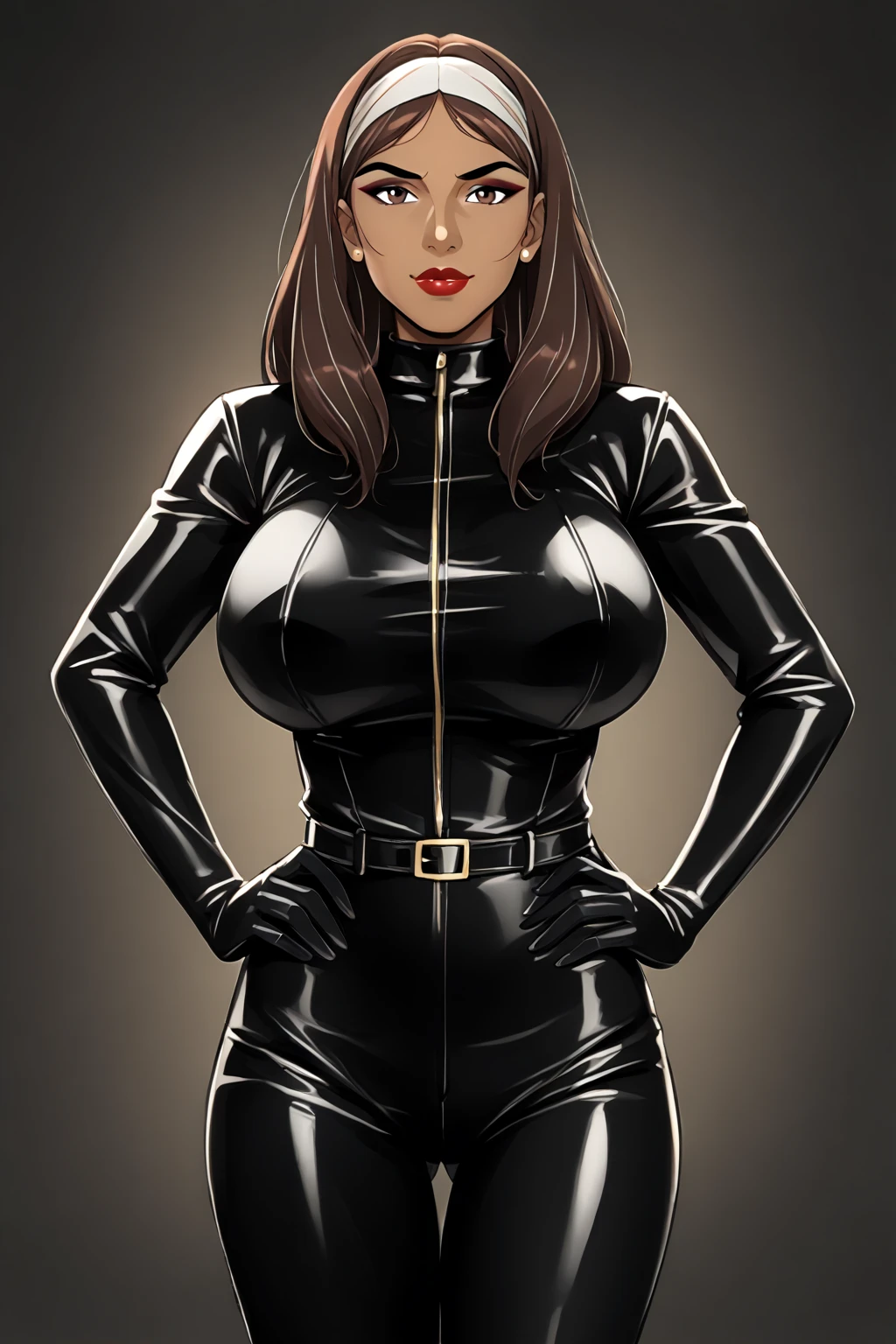 Jessica Alba as a dominatrix, milf, mature, short brown hair, high cheekbones, big lips, full lips, pouting, pouting lips, tall, curvaceous, small waist, big hips, hip dips, large breasts, big breasts, sagging breasts, long legs, black latex suit, Best quality, 8k, Masterpiece, realistic, photorealistic