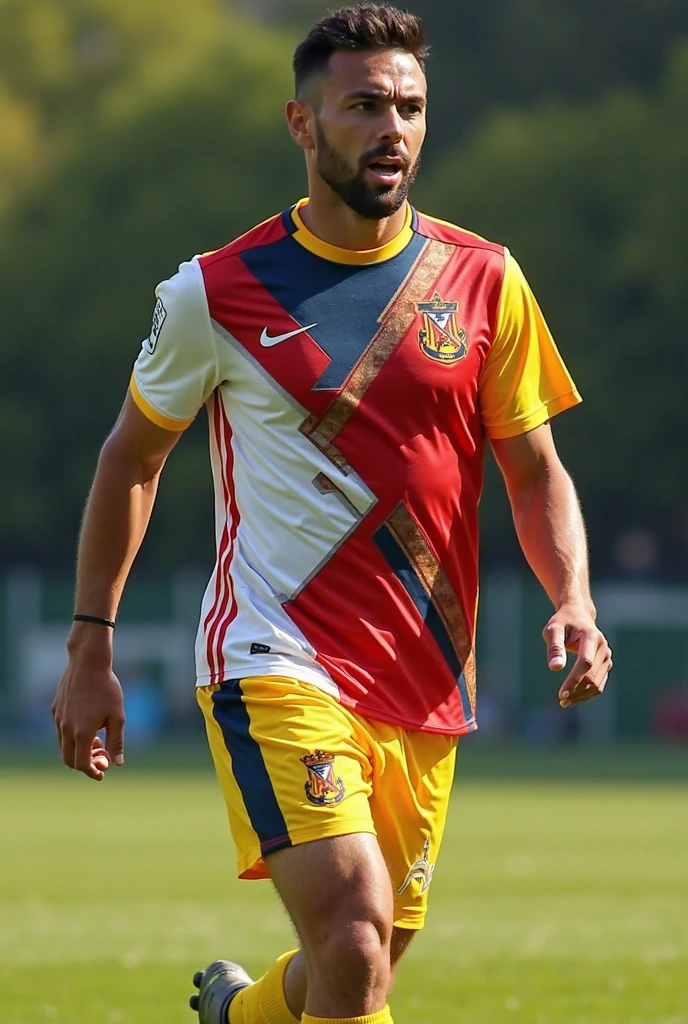 footballer in red and yelow tshirt with v logo