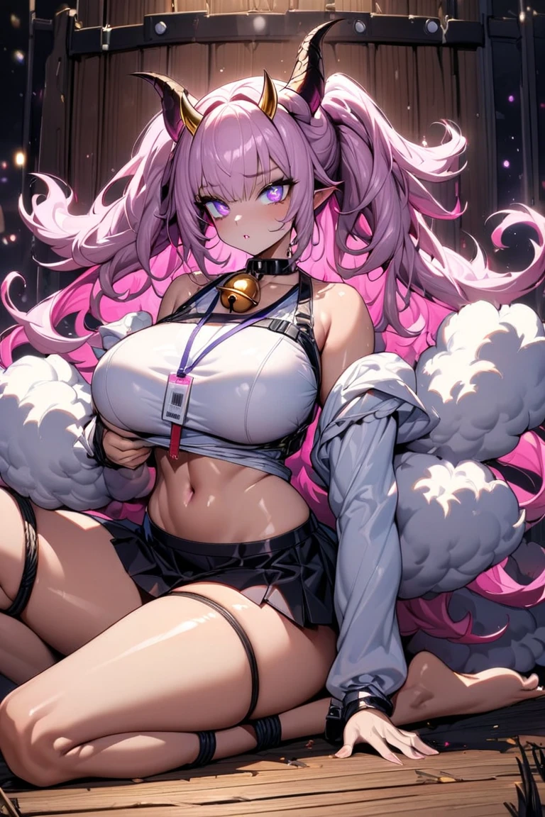 ((((1girl)))), pink hair, ahoge, (curly hair), ((very long hair)), ((half-closed eyes)), bear ears, (((fang))), ((((((dark skin)))))), ((huge breasts)), ((brown eyes)), (thick thighs), ((thick lips)), ((wide hips)), (thighhighs), ((lace)), ((crop-top)), ((leg warmers)), ((plump lips)), ((long eyelashes)), super detailed, ((cleavage)), ((best quality)), highres, UHD, textured skin,