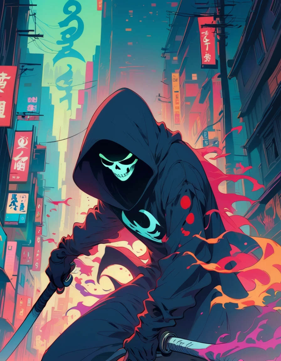 Solitary, 1 boy, permanent, Male focus, It rains in the city, hood, From the back, cloak, Skull wearing white Japanese mask, robe, , Glowing blue