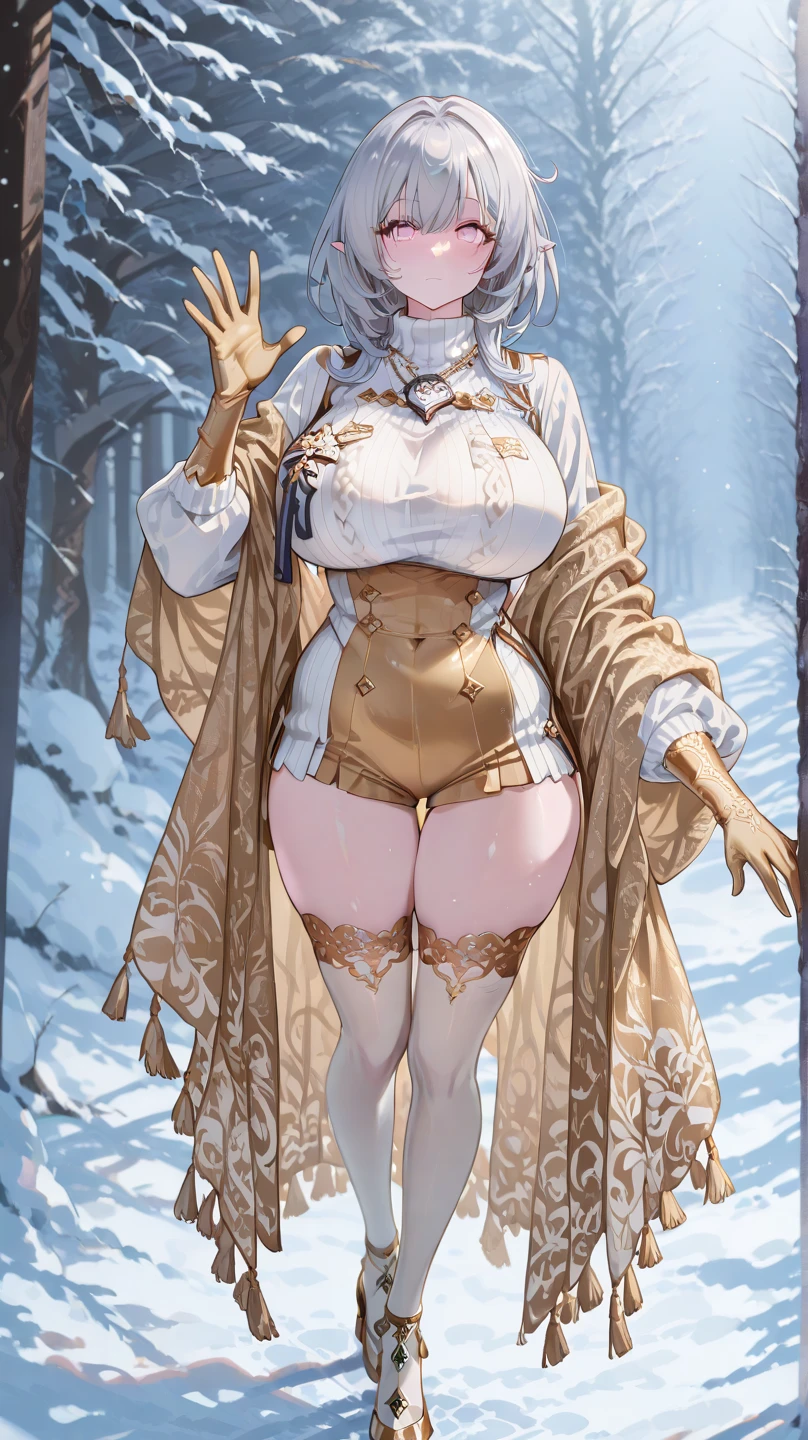 Extremely sexy, masterpiece, best quality, (full body shot,,moon),Masterpiece, 1girl, solo exhibition, beautiful woman, , beautiful goddess girl, beautiful and detailed face, porcelain skin, (((bust shot, center, blonde hair, short hair)), super soft lighting, symmetry, complexity, elegance, high detail, realism, art, concept art, Nordic female warrior, amazing body, athletic, curvy, black fur armor, snowy scenery, outdoor Nordic background, lace leggings, feathers in hair, large fur collar 