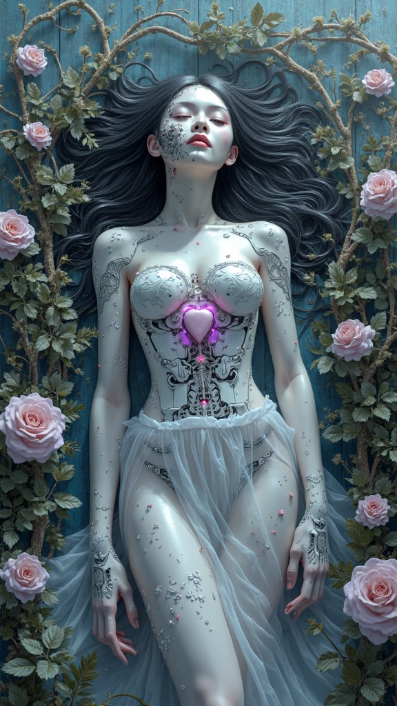 "[Beautiful Skeleton Queen] Woman made of unique colored flower tattooed bones, mysticism + coherent, mist, fog, finest drawing, macro, clear contours, surrealism volumetric soft light and very intense dark black background”
