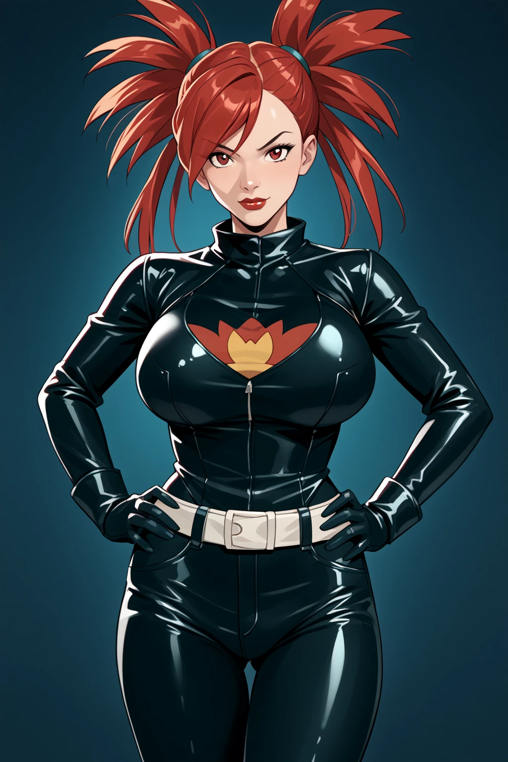masterpiece, best quality, blkwidow, black bodysuit, smirk, black belt, hand on hips, black gloves, large breasts, night sky, cityscape,human, looking at viewer,skin-tight suit, cleavage, unzipped, anime screencap