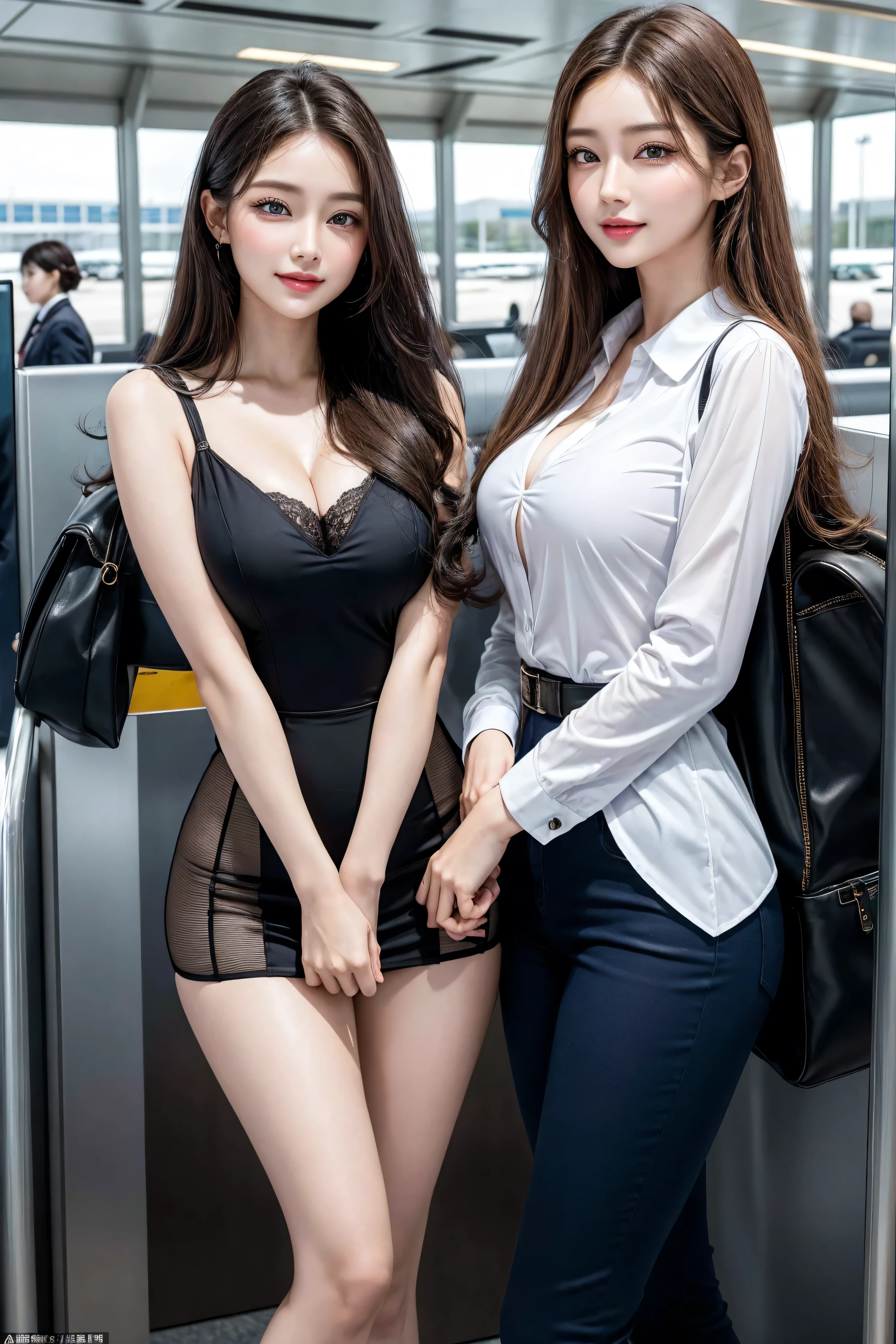 8K resolution、Super realistic、super detail、high quality、(2 girls:1.1)、sitting on the seat、on the train、uniform、school bag、shirt、肩越しに見る1 girl、1 girl、Beautiful Japan Woman、Skinny Wes、(stick out your butt:1.2)、beautiful face、short hair、(big breasts、cleavage:1.2)、(Race suits:1.3)、(cameltoe)、cute、cute、Wet、buckshot、1 girl looking over the shoulder、 Gravure idol、korean idol、Nogizaka Idol、(from below:1.2)、From the back