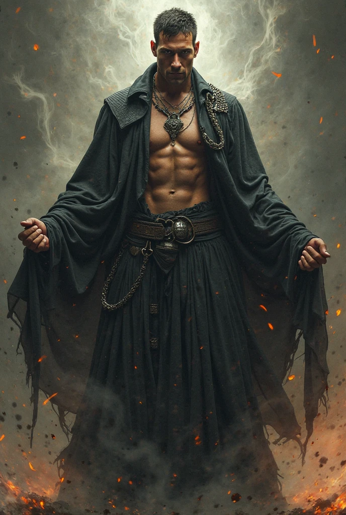 A handsome man with long silver hair is blindfolded with a cloth with a gold pattern on a black background, his upper body is wrapped in chains, and he is crucified on a cross, crying tears of blood, and hellfire spreads at his feet.
(gothic)