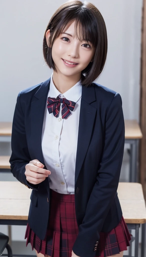 1 female、beauty,Beautiful Face,smile、,(Tight clothing、Accentuates body lines:1.5) 、(school teacher outfit:1.5),A dignified appearance,Crouch down and observe the audience、(Plump Style),((Large Breasts)),(Saggy breasts:1.5)、Front view,Focus on the chest、Ultra-realistic,Ultra-high resolution,Highest quality,8k,masterpiece,The cutest Yoshioka Riho、Filmed in a school classroom