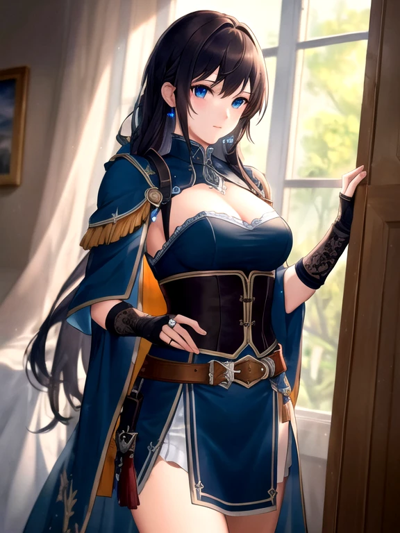((masterpiece)), ((best quality)), (ultra-detailed), absurdres, extremely detailed CG unity 8k wallpaper, Official Art, Accurate describe shapes, beautiful face, detailed hands, expressive eyes, looking at viewer, solo, (realistic), close-up, (standing, arm at side, seductive smile:1.2), (outdoors, dramatic light, scenery, illustration:1.1), (1girl, mature female, large breasts, wide hips, black hair, very long hair, hair over one eye, green eyes:1.4), (epaulettes, cleavage, white capelet, white shirt, black pantyhose, long sleeves, wide sleeves, hair ornament, blue nails, jewelry, tassel, mandala:1.3), ((masterpiece)), absurdres, HDR,vivian (epic seven) <lora:Vivian-10:0.7> <lora:epi_noiseoffset2:0.7> <lora:GoodHands-beta2:1>