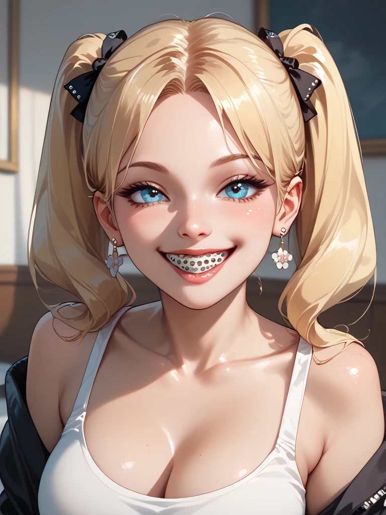 (RAW photo: 1.2), top quality, beautiful detailed girl, bunny girl, smile, blonde, twin tails, highly detailed eyes and face, beautiful detailed eyes, huge file size, high resolution, high resolution, 8k wallpaper, fine detail, highly detailed ticker uniform 8k wallpaper, light on face, movie lighting, 16 year old girl, sexy pose, (photorealism: 1.4), Illustration, surrealism, from below, super detail, masterpiece, playboy bunny, fishnet pantyhose, on all fours,big boobs