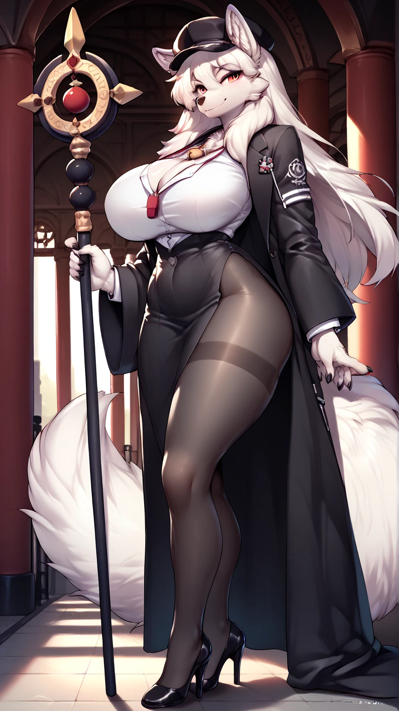 A woman wearing a playboy bunny costume, black bonny tiara, long white hair, transparent black tights, red eyes, long white hair, big breasts, wearing a black fur cape, standing in a luxurious room,UHD, prime work, accurate, anatomically correct, textured skin, super details, high quality, best quality, 8k, high resolution, bokeh effect. (woman alone)