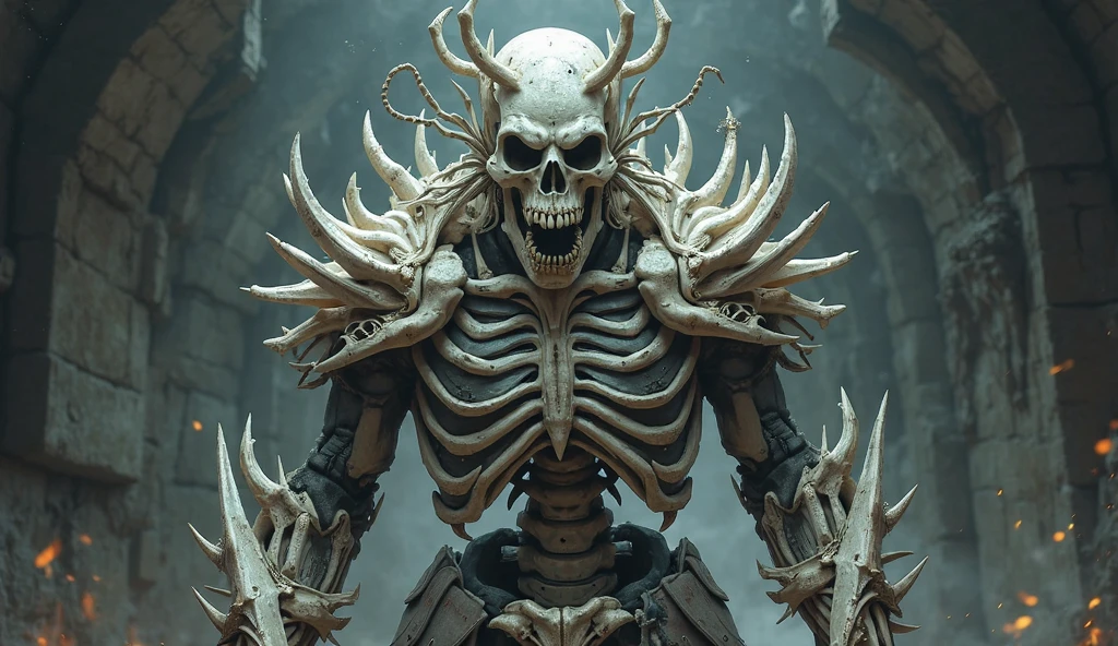 There is a man with a skeleton on his chest and a chain around his neck, a male demon suitable for white horns, a handsome Chinese demon boy, a demon dragon-inspired armor, 8K, a human male demon, a white horned demon, a six-armed goddess of darkness, a demon boy, a man and a dragon fusion, a demon man, a masterpiece