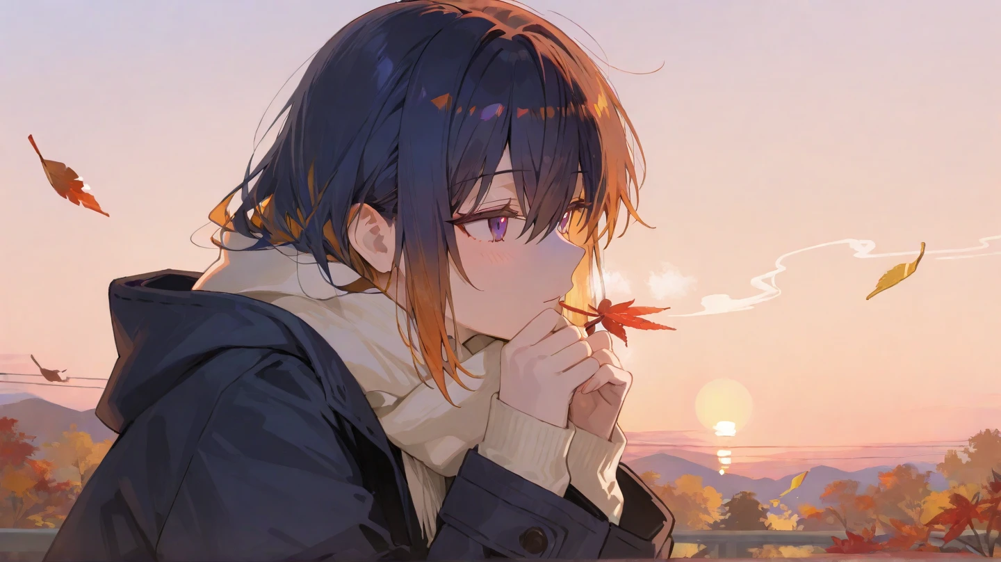 1girl, mamimiv1, portrait, smoking, cigarette, serafuku, plaid skirt, sunset, clouds, outskirts <lora:mamimi2-10:1>