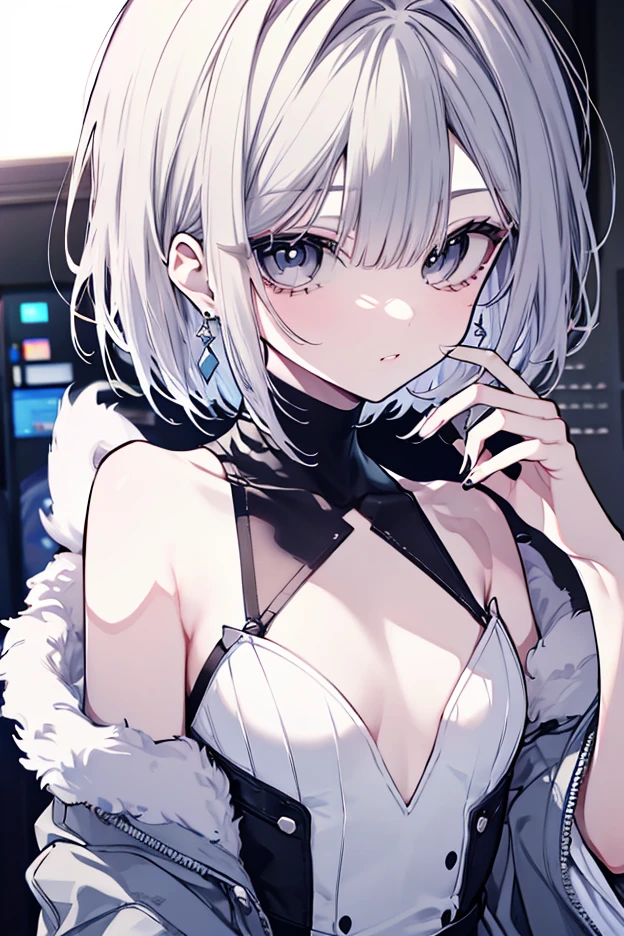 make a girl with short white hair with a black collar around her neck in a nightwear with a neckline showing a little of her breasts,Make the image anime style