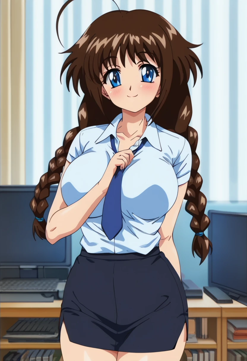 (1980s style, cel anime, retro art style, clean brush stroke, highly detailed, perfect anatomy, NSFW), class room background, 1girl (solo:1.5), eyebrows visible through hair, bangs, dark brown hair, blue eyes, down turned eyes (sanpakugan:0.0), half open eyes (beautiful detailed eyes:1.0), looking at viewer, open mouth (stick out tongue:1.5), (orgasm:1.2), slouch, crouching, red thin bow tie, white shirt, dark blue blazer (open clothes:1.4), dark blue skirt (lift by myself:1.2), black pantyhose (lift off:1.4), female masturbation (crotch rub:1.3), pussy juice, school uniform,