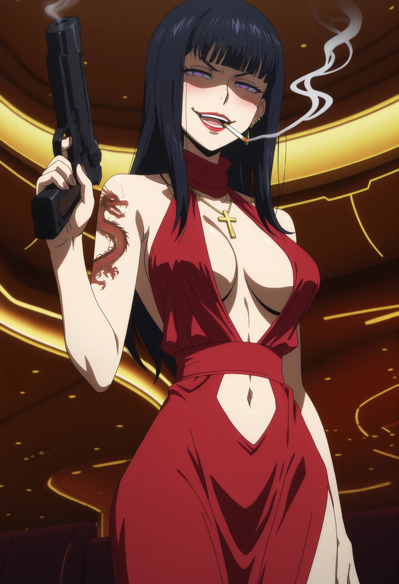 black hair,long hair,purple eyes,red sleeveless dress,,ear piercing, long hair, blush, lipstick,Hot girl, baddie, smoking, sensual, attractive ,cross necklace, masterpiece, best quality, highly detailed, a girls in long dress with navel cutout posing for a picture, evil smile, smile, open mouth, (nsfw) not safe for work, revealing dress, beautiful dress center opening , long dress with bellybutton showing, official artwork, exposed navel, exposed bellybutton, jewelry, earrings, complex detailed background, casino environment, fancy interior environment, rich interior, holding a gun, holding pistol, navel cutout, exposed navel, exposed bellybutton, medium large breast ,looking at viewer , dragon tattoo on waist, narrowed eyes, tattoo on waist, anipai_style , anime screencap , anime coloring, v-shape eyebrows,