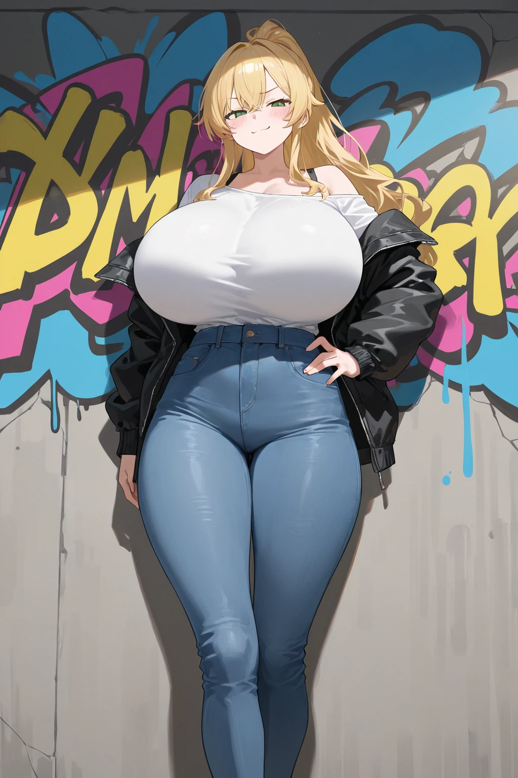 Samus aran in tight jeans and a blue top is posing for a picture, an album cover by Louisa Puller, instagram, tachisme, thicc, domme mistress, skinny waist and thick hips, thick thighs, tight outfit, tight attire, insanely inflated hips, thick, thick thigs, curvy, wearing tight simple clothes, huge breast,1solo,1girl,full body portrait, professional draw, professional photography