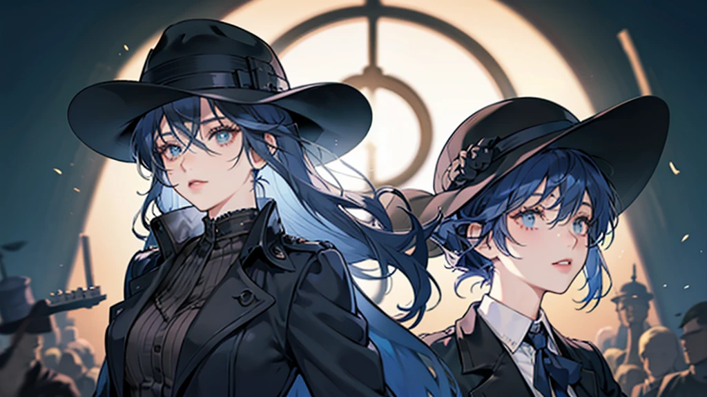 masterpiece,best quality,depth of field,8k,뷰어를 Overlooking,man진한 회색 머리카락,blue eyes,(charismatic eyes 1:1),chic,black hair,Blue Eyes,wrote deerstalker,frock coat with cape,cigarette in mouth,with arms crossed,male,man,Overlooking