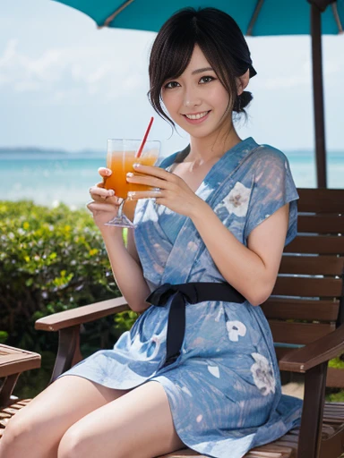 (High Definition), One Girl, Japan Person, Cute, Black hair long, Wearing Summer Dress White, exposing front zipper bra-top Baby-blue, Big straw Hat, leaning Side table, Walking on Board walk at Beach Side, looking side glance, spread legs, show woman shape, Straddling a chair, a glass of drink on a table, Natural lighting
