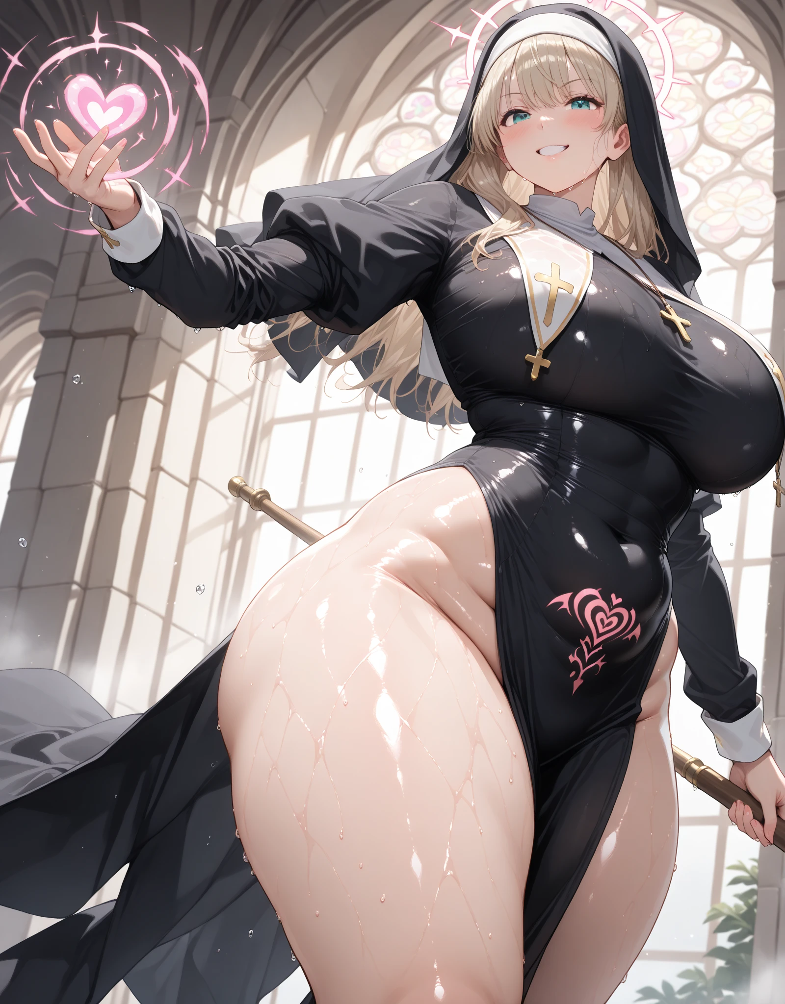 amicia michella - nijisanji, 1girl, brown short hair, yellow inner hair, wavy hair, green eyes, detailed eyes, thin lips, painted lips, shy smile face, wide hips, thick thighs, huge round ass, shiny oily breasts, black wedding dress, high heels, full body, church, dynamic pose, nsfw, high res, ultrasharp, 8K, masterpiece