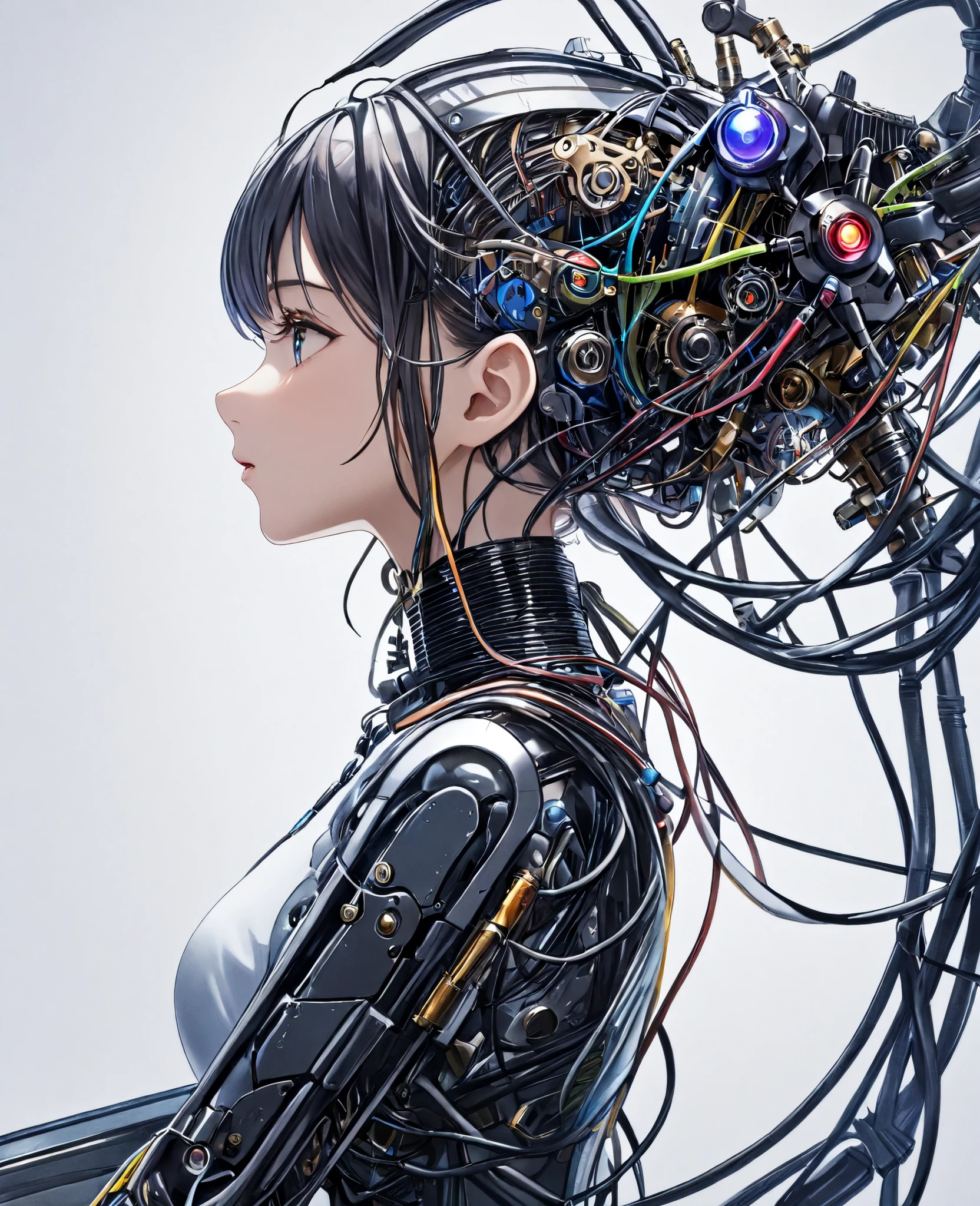 (masterpiece, top quality, top quality, official art, beautiful and aesthetic:1.2), (1girl:1.3), extreme detail,colorful,Best Details ((Super Detailed)), (very detailed CG illustration), ((very delicate and beautiful)),( from side),cinematic light,(( 1 mechanical girl)),solo,full body,(mechanical joints:1.2),((Mechanical rim )),(Mechanical Vertebrae Attached to the Back),((mechanical neck attached to the neck)),(sitting),expressionless,(wires and cables connected to the neck:1.2),(head wires and cables:1.2)(Focus on Characters),sci-fi,white background,