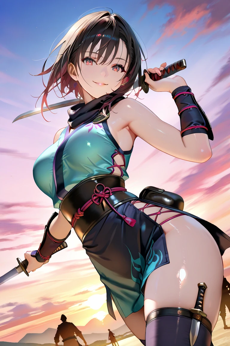 1girl, full body, solo, village, trees, colorful hair, curly hair, ponytail, large breasts, button down shirt, ninja, ((black shirt)), ((unbuttoned shirt)), ((short sleeved shirt)), blue eyes, black shorts, katana, grin, looking at the viewer, ((standing)), hair ribbon, bandage