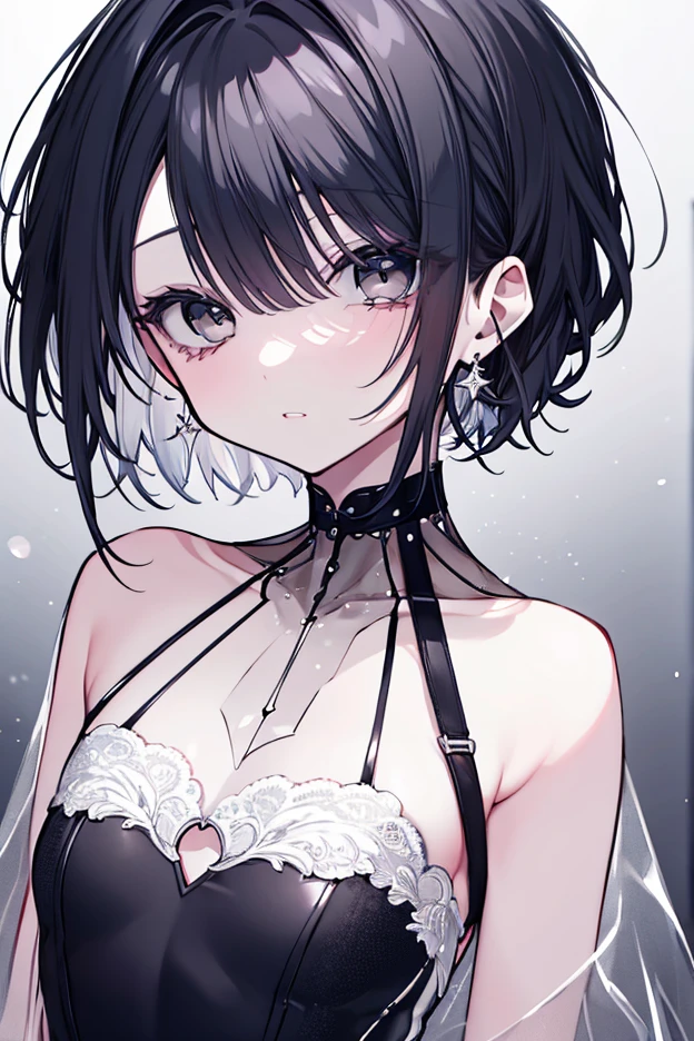 vampire woman, Victorian gothic dress, absurdres, RAW photo, extremely delicate and beautiful, masterpiece, Best Quality, ultra high resolution, 32k, hyperrealistic, ultra-detailed, detailed description, pale skin, 20 years old, tearful mole, earring, short medium hair, wavy hair, whole body shot,