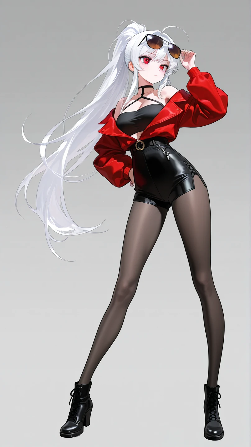 One woman ,red lipstick,black sharp jawline,face makeup, jhumka earrings ,blue eyes, dress ,navel,white hair,long wavy hair, foundation, eyeliner, eyeshadow,red lipstick , business suit,