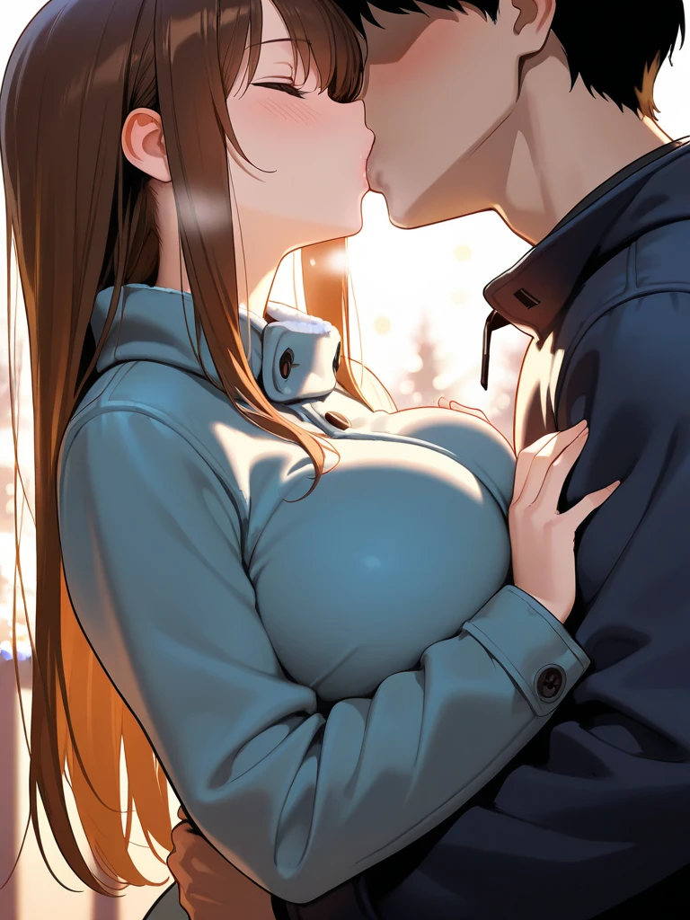 Browsing Caution,(Very delicate,highest quality、8k),(One man and one mature woman having sex),Side view,Lure,blush,Brown haired woman,pointed, Beautiful firm breasts,Puffy nipples,Speech bubble,Embrace love,Female masturbation