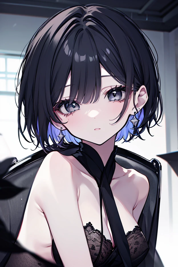 Beth，，Expose the private part，Sexual turn，Long black hair，Big ，Purple eye，tmasterpiece，best qualtiy，ultra - detailed，illustratio，epic lighting，cinematic compositions，isometry，1girl，独奏，adolable，black color hair，red hair clips，formal，a captivating gaze，captivating posture，inside in room，office room，doors，Open the door，looking at viewert，peeking out upper body，Be red in the face，seduct ，Shut your mouth，(8K:1.1)，hand，Disdainful look，Disgusted expression，比基尼，Underwear，White tights，Nude