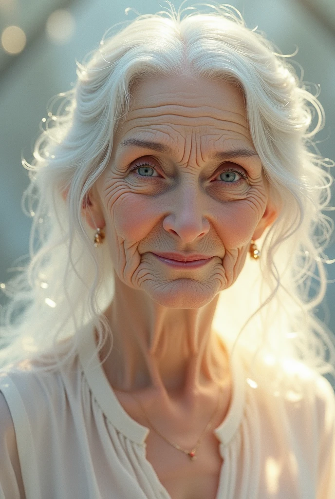 Generate a realistic image depicting an elderly woman gracefully sitting on a weathered wooden bench by the seashore, her wispy white hair softly blowing in the coastal breeze as she gazes out at the endless expanse of the ocean, her face reflecting a lifetime of wisdom and serenity. --auto