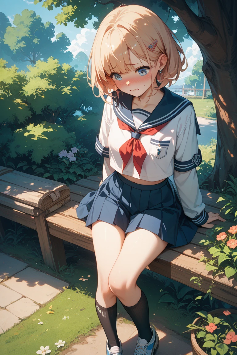 (in 8K、Raw photography、top-quality、masterpiece:1.2)、(realisitic、Photorealsitic:1.37)、ultra-detailliert、1 schoolgirl、cute little、独奏、Beautiful detailed sky、(Tanned dark brown skin)、dark brown skin、(dyed blonde)、a blond、seducting smile、playground、profetional lighting、Sony A7R4、Zessie 50mm f1.8、Beautiful Detail Eye、(a sailor suit)、(pleatedskirt)、(big breasts
White pantyhose)、(short-hair:1.2)、Floating hair、Full body like