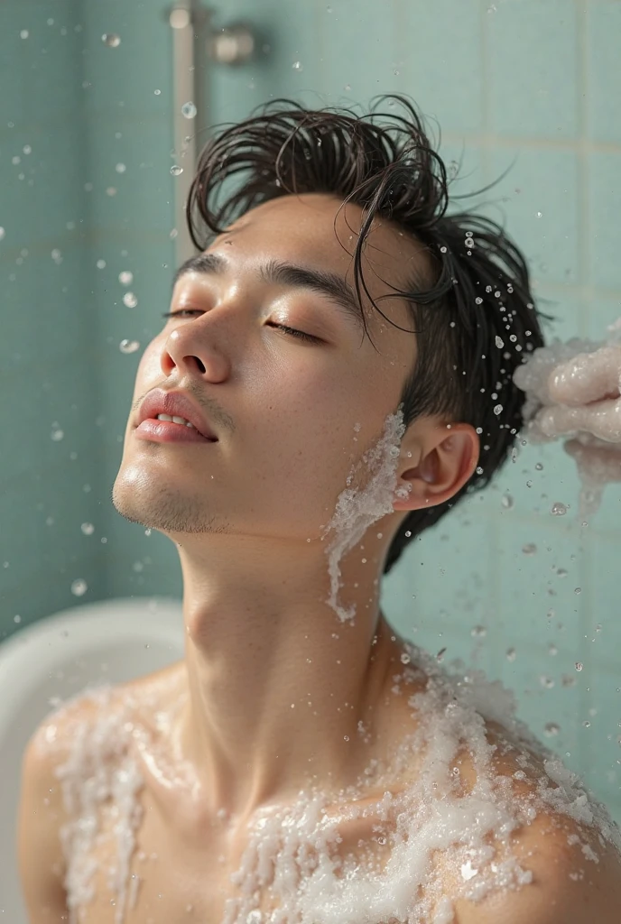 ((Man in the shower, Bubble bath, foamy)), Male, Tik, ,swim trunkusculature,short detailed hair。frontage, Shirtless, wearing nothing, completely naked ,chest muscle,Abs