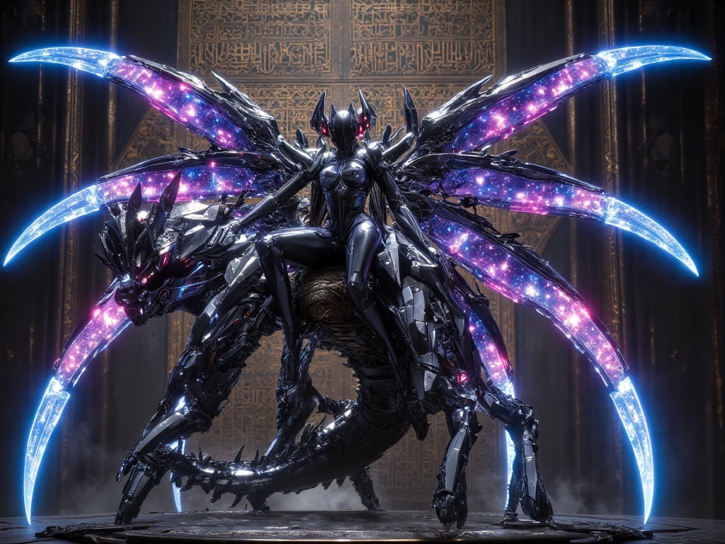 a succubus with a tail in her vagina, sitting on a sex machine, her wings are torn, in a doggy-style pose, with lubricant flowing from her vagina, in rainbow colors, against a background of a black star and galaxy