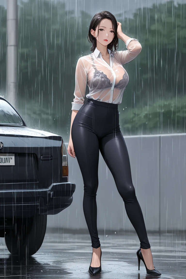 Jennifer Lopez as police, Beauty, thicc, tight shirt, sexy pants, look at viewer, beautiful detailed face, beautiful detailed eyes, sexy face, sexy expression, very wet body, beautiful realistic, perfect brightness, in top of car, Masterpiece, blonde hair, big ass