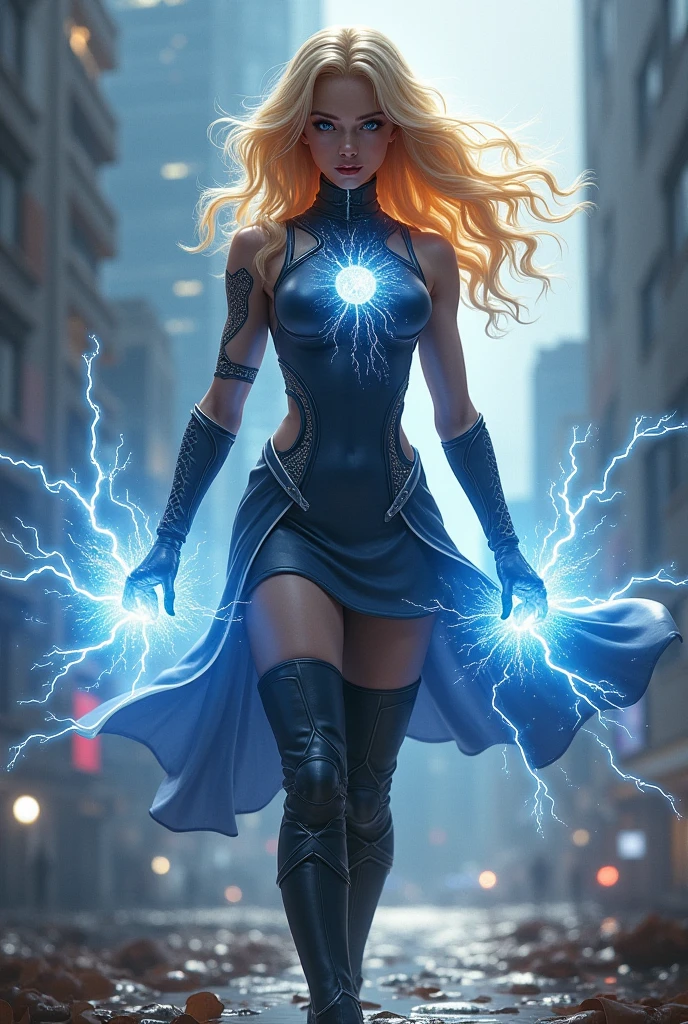 (best quality,4k,8K,a high resolution,masterpiece:1.2), ultra-detailed, (realistic,photorealistic,photorealistic:1.37), A man and a woman against the background of the city of the future, (In the foreground, a beautiful real blonde holds and points a future pistol at the viewer., disheveled shoulder-length hair, white PVC jumpsuit, Happy, skinny body, Beautiful anime waifu style girl), (a dark-haired male wizard stands facing us behind a woman with a fireball, looms over his arm), hyper detailed painting, luminism, Concept art by Carne Griffiths and Vadim Kashin, 4k resolution, fractal isometrics details bioluminescence , 3D rendering, Octane render, intricately-detailed , cinematic, Trending artsstatina Isometric centered hyperrealistic cover stunning full color, sandy, realistic flight , intricate, hit definition , cinematic