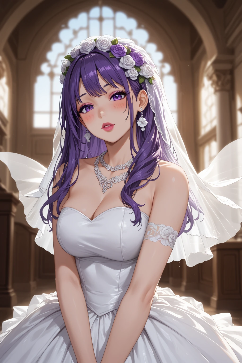 (highest quality,4K,8K,High resolution,masterpiece),1 person,super detailed,, straight, smiling,face focus, (,character_concentrated),beautiful girl,enchantment,fascinating,cheerfulness,Sacred,magic effect,purple hair,hair ornaments,(((wedding gown))),Princess Line Wedding Dresses,Sophisticated clothing,detailed lace,Bedroom,Lonely,in the middle of the night,lace pantyhose,Sacred縞模様,(bride, Princess Line Wedding Dresses, bouquet,:1.3)church,Keqing,Genshin,keqing Genshin