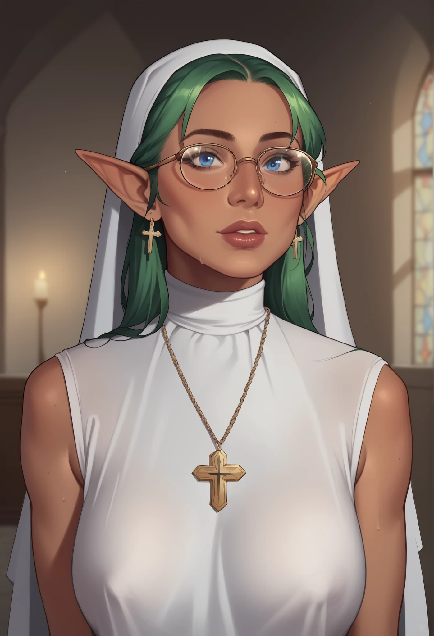 (((beautiful, high quality, comics style, detailed face))), score_9, score_8_up, score_7_up, masterpiece, best quality, unrealistically high details, extremely high quality, ultra-high detail, good anatomy, rating_explicit, perfect anatomy, anatomically correct hands:1.5, blurred background, detailxl, DeepNegative_xl_v1, zPDXL3, Score_PnyReal, deep_negative_pony BREAK solo, 1woman, female, elf, pointed ears, tan skin, brown skin, green hair, ombre hair, blue eyes, aviator glasses, large breasts, broad hips, nun, habit, cross, praying BREAK (expressive face, expressive body, expressive emotions, dynamic pose, intense gaze, lively eyes, detailed facial expression, engaging presence:0.5).