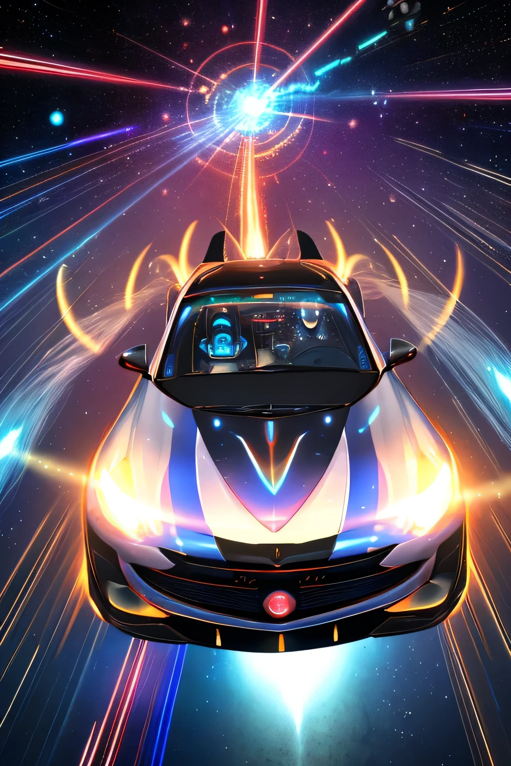 Futuristic concept car, futuristic flying car time machine, exposed temporal coils, glowing flux emitters, translucent time field generators, floating holographic clock, cinematic lighting, sci-fi energy trails, flying through a glowing rift in the sky, warping light, tearing through spacetime, dramatic perspective, motion blur, sleek aerodynamic body, a driver in car
