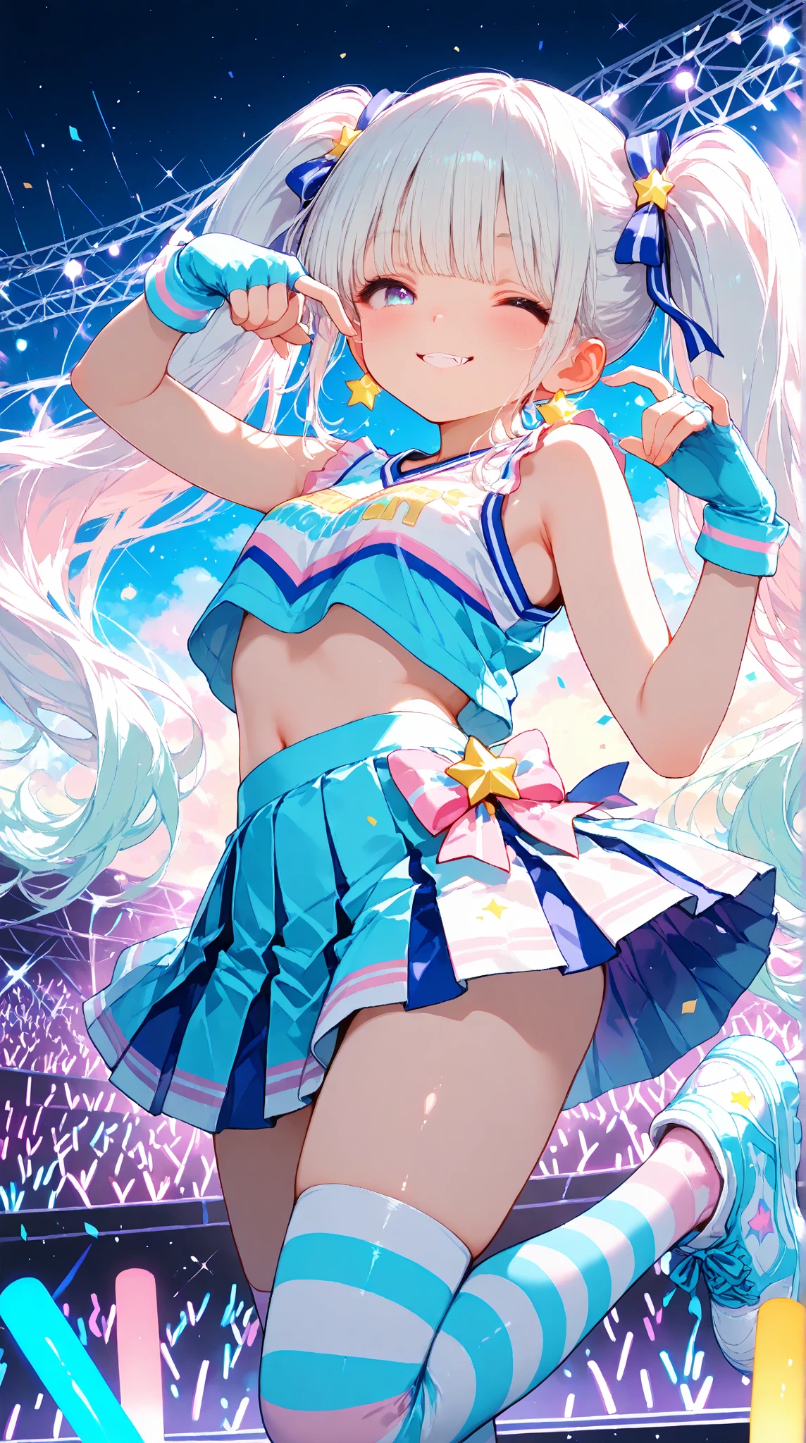(((Rainbow-colored)))leotard、Beautiful Girl Magician、silver hair upstyle、((whole body))、(((photo taken from below)))、magic circle、background is sky