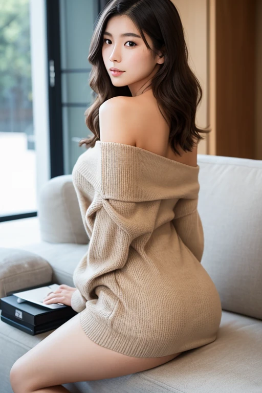 arafed woman sitting on a white surface wearing a brown dress, brown sweater, sexy dress, wearing sweater, waist high, short dress, tight dress, revealing stylish dress, stunning appealing figure, stunning elegant pose, thin waist, opened dress, short minidress, orange: 0.5, beautiful female model, young lady, beautiful model, warm cosy colors