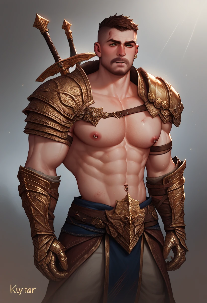 Sweaty, muscular man in leather armor with full frontal visibility、erection、Highest quality、Pectoralis major、Abdominal muscles、Body hair、Sweating、Short Hair、Putting on a collar、Brown skin、Side Chest、Night starry sky、Roar、Open your mouth