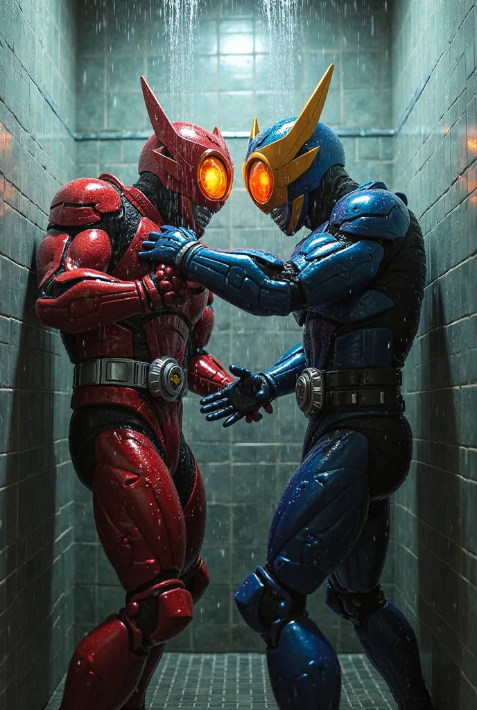 1man,solo,4k,8k,ultraman taro pin up,photo realistic,gay,bara,nude,naked body,slim body,human skin color,hairy body,slim body,head only ultramantaro with naked human body,small penis,shower room