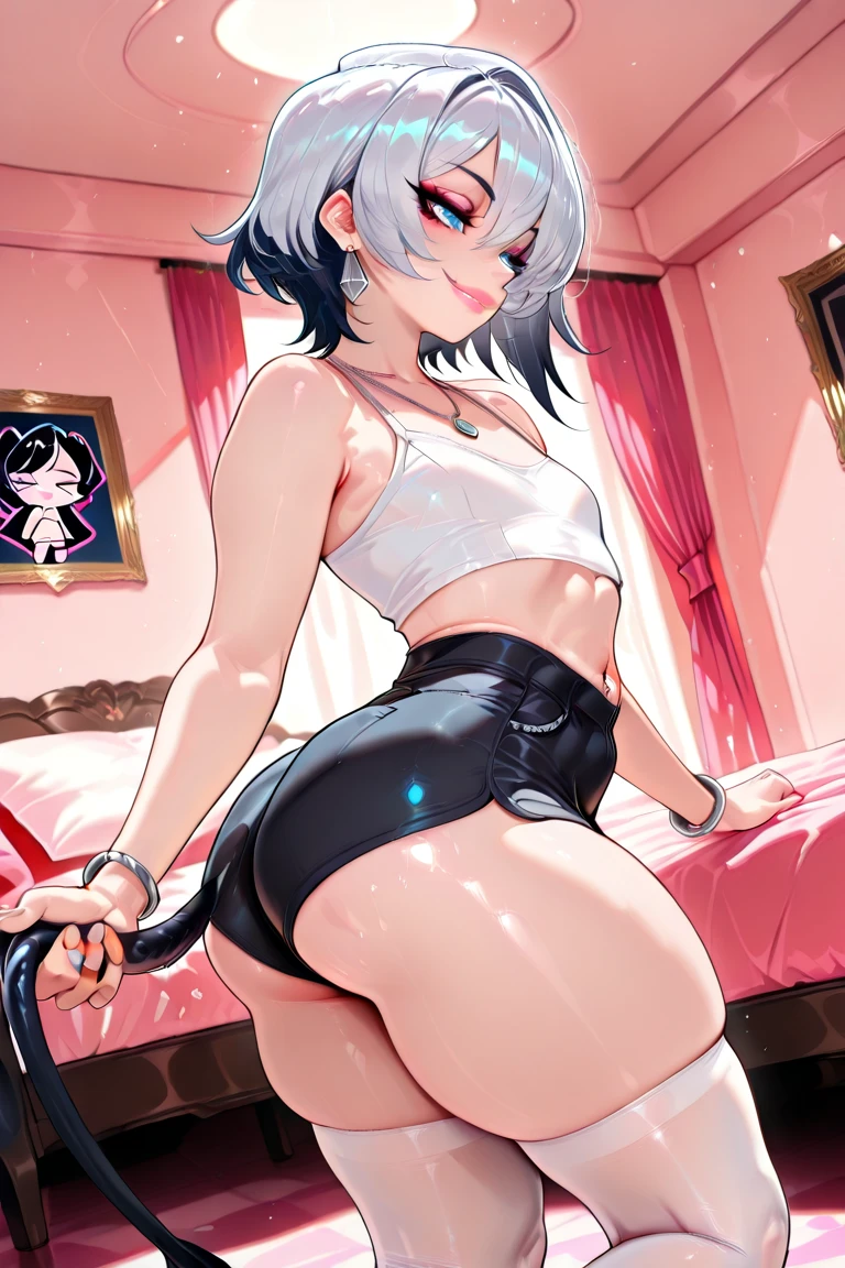 masterpiece, best quality, comic illustration,
femboy, 1boy, horse penis, partially visible nipples, huge testicles, solo,mature male, blue eyes, erection, bara, large pectorals, belt, thighhighs, frilled skirt, white hair, black thighhighs, black belt, black panties, huge horse penis, midriff, crop top, multicolored hair, miniskirt, looking at viewer, cowboy shot, sitting, wariza,
, shy smile, indoors,,nature,flower,rose, night, moon,
<lora:futanari_horse_penis_050623:1>