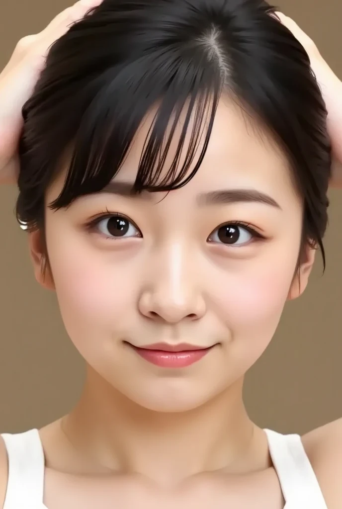 ((masterpiece, Highest quality, High resolution)), 1 Girl, (Realistic: 1.4), alone, White Background, snow-White Background, Mouth closed, Smile, Smile, Beautiful black hair, short hair, Big eyes, Transparent double eyelids, eyelash, Listen carefully, Long neck, Long neck, Absolute area, ((Face close-up)), (Draw the whole head, shoulder), 30 years old, Attractive proportions, Shiny skin, Beautiful collarbone, A face of golden proportions, Perfect Face, Teardrop-shaped moles, Mole on chest, bangs, clean bangs, beautiful bangs, Lip gloss, Thin lips, Pale skin, naked, Small breasts, Small face, Small face, All the heads are painted, shoulder all drawn, Look slightly up and into the camera
