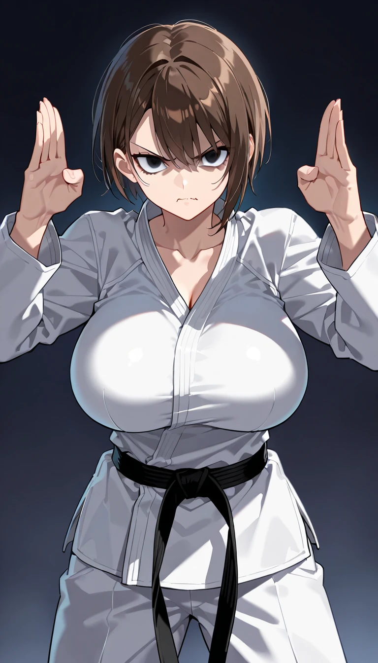 masterpiece, best quality, highres, 1girl, gloria \(pokemon\), brown hair, (brown eyes:1.2), short hair, bob cut, bangs, looking at viewer, <lora:gloria_(pokemon)_v1:0.7>, solo, (cute_belly:1.2), (cleavage:1.5), <lora:karate_uniform-000007:0.7>, (karate uniform:1.4), open clothes, nip slip, no bra, martial arts belt, (fighting pose:1.2), outdoors, looking at viewer, dynamic pose, best shadow, steaming body, (shiny skin), sweaty, embarrassed,<lora:karate_uniform:0.6>