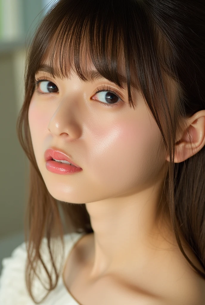 best quality, face focus, soft light, ultra high res (photorealistic:1.4), RAW photo,
1japanese girl, solo, cute, (pupil, lights in the eyes),  detailed beautiful face, (medium chest),(high-resolution detail of human skin texture), (pouting:1.4)
(ponytail hair), (sidelock bangs)
indoor,
White T-shirt,
(Portrait)