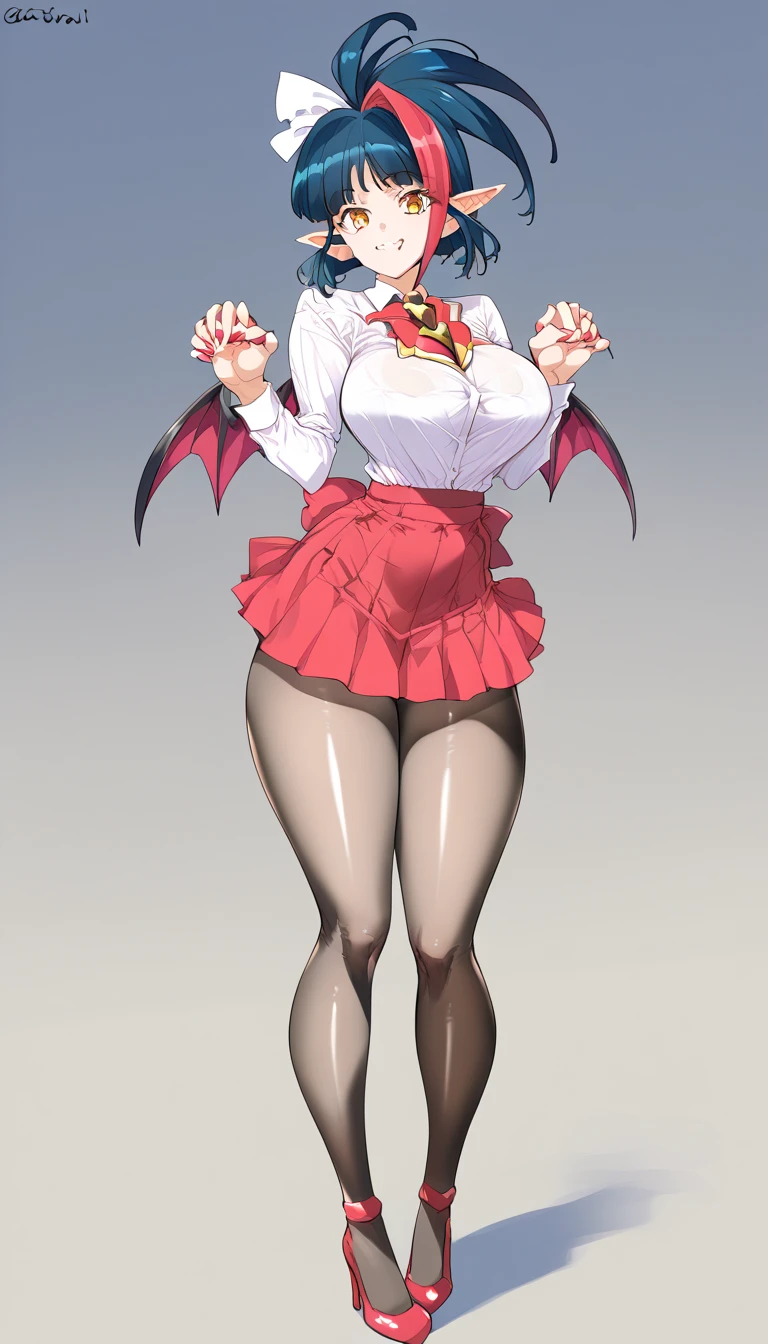 A pregnant vampire girl with a smug face, thick thighs, high heels and glasses. She's about to step on you. ((Full body))